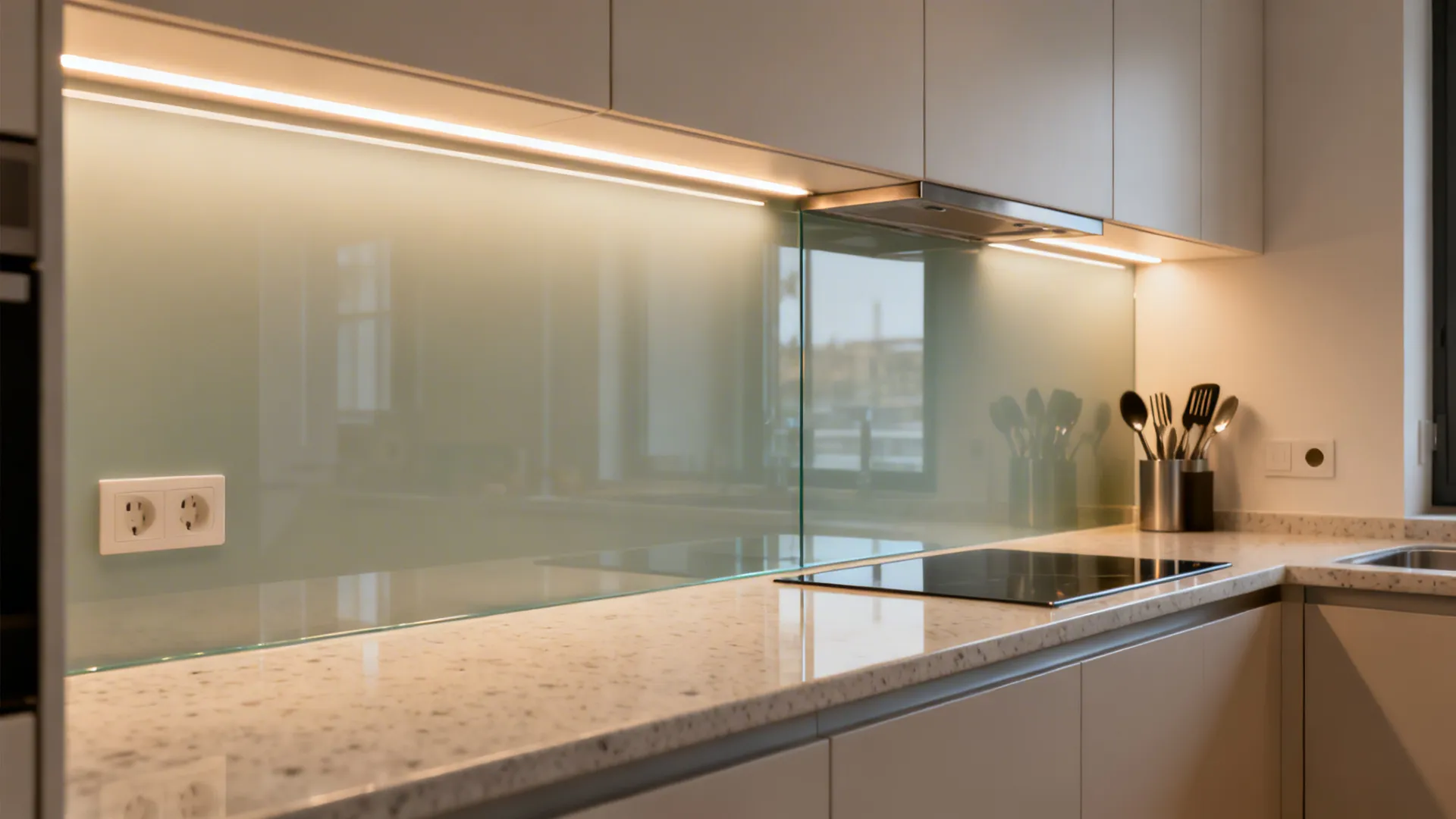 Macro view of back-painted glass backsplash with warm under-cabinet LED lighting.