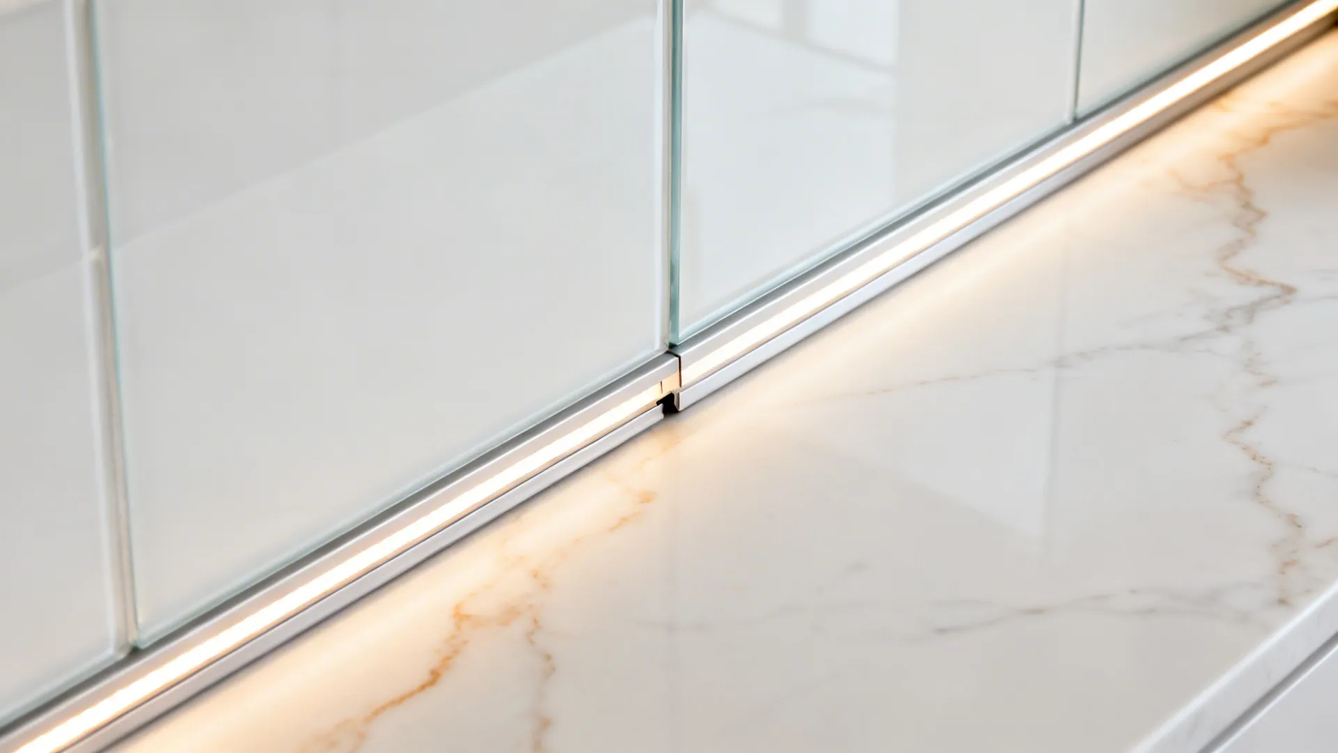 Macro of white glass backsplash, warm-veined counter, and a diffused LED strip under uppers.