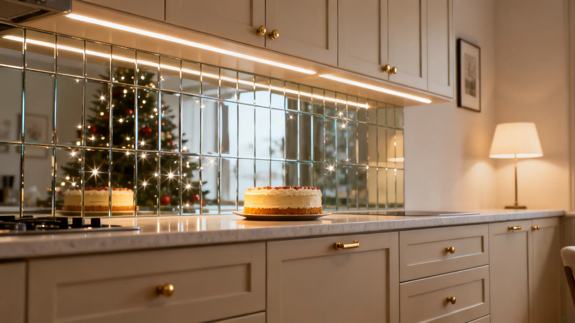 Small kitchen with warm LED under-cabinet lighting reflecting on a glossy glass backsplash beside a birthday cake.