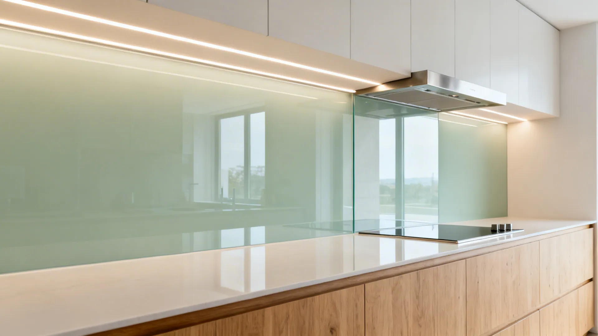 Pale sage glass backsplash with continuous warm LED task lighting and no upper cabinets.