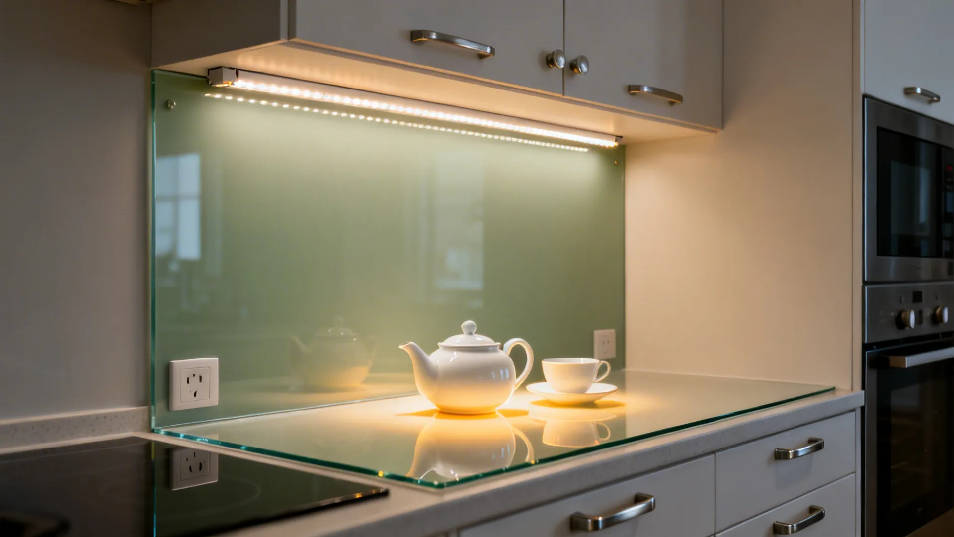 Glass backsplash with under-cabinet lighting