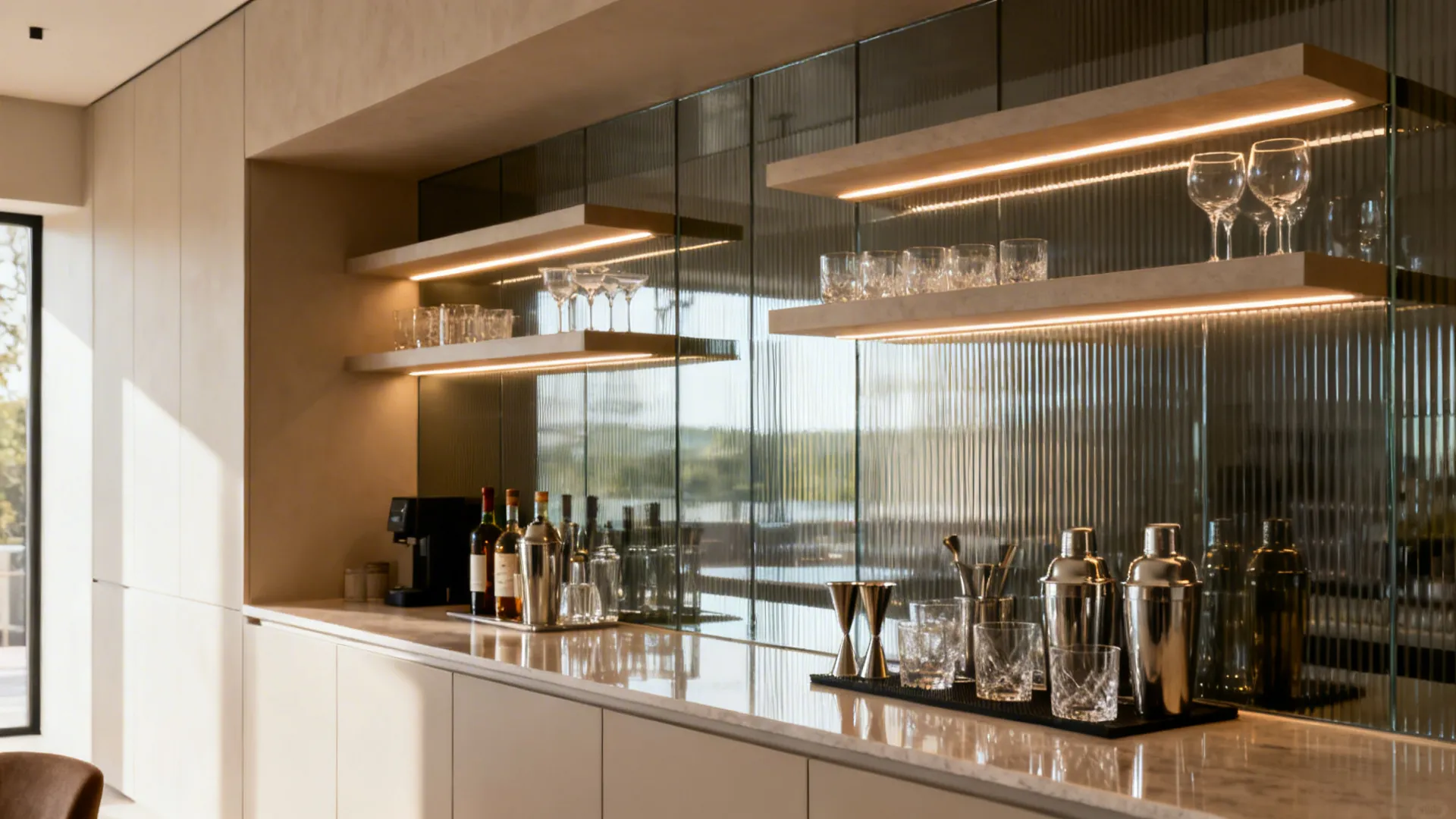 Kitchen bar with ribbed glass backsplash and LED-lit shelves displaying barware in a compact space.
