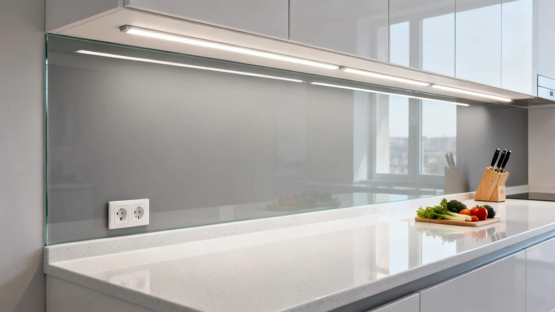 Low-iron glass backsplash with under-cabinet LEDs evenly lighting the counter.
