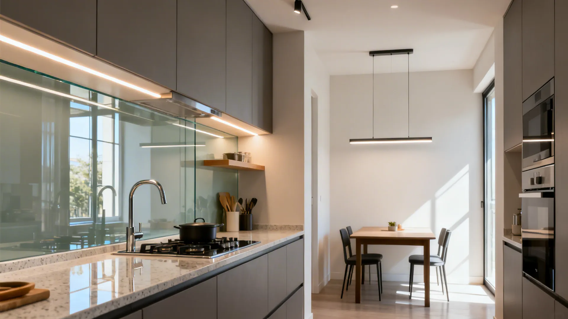 Glass backsplash and integrated lighting