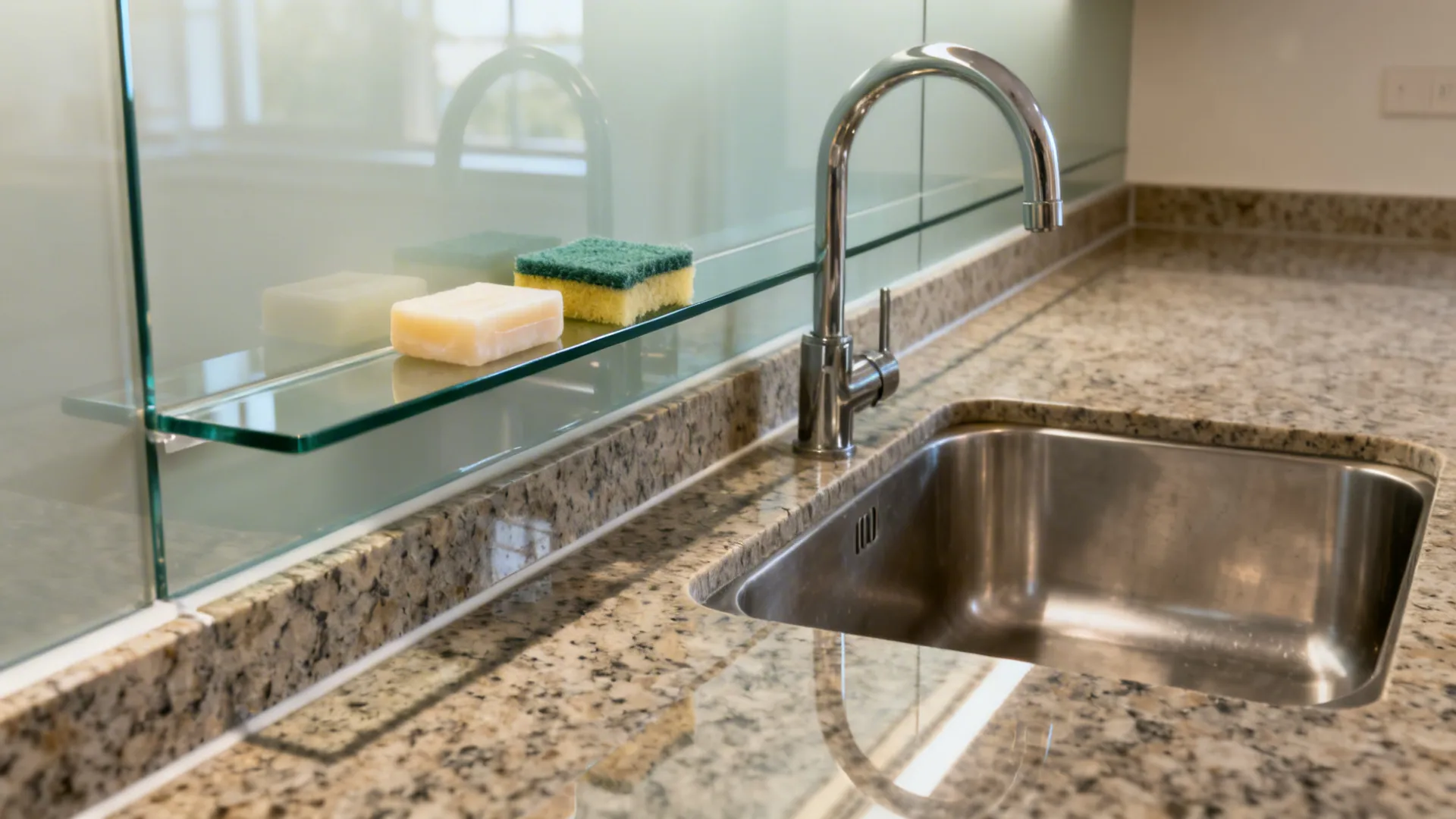 Tempered glass backsplash with slim ledge above granite sink cut-out in a bright galley kitchen.