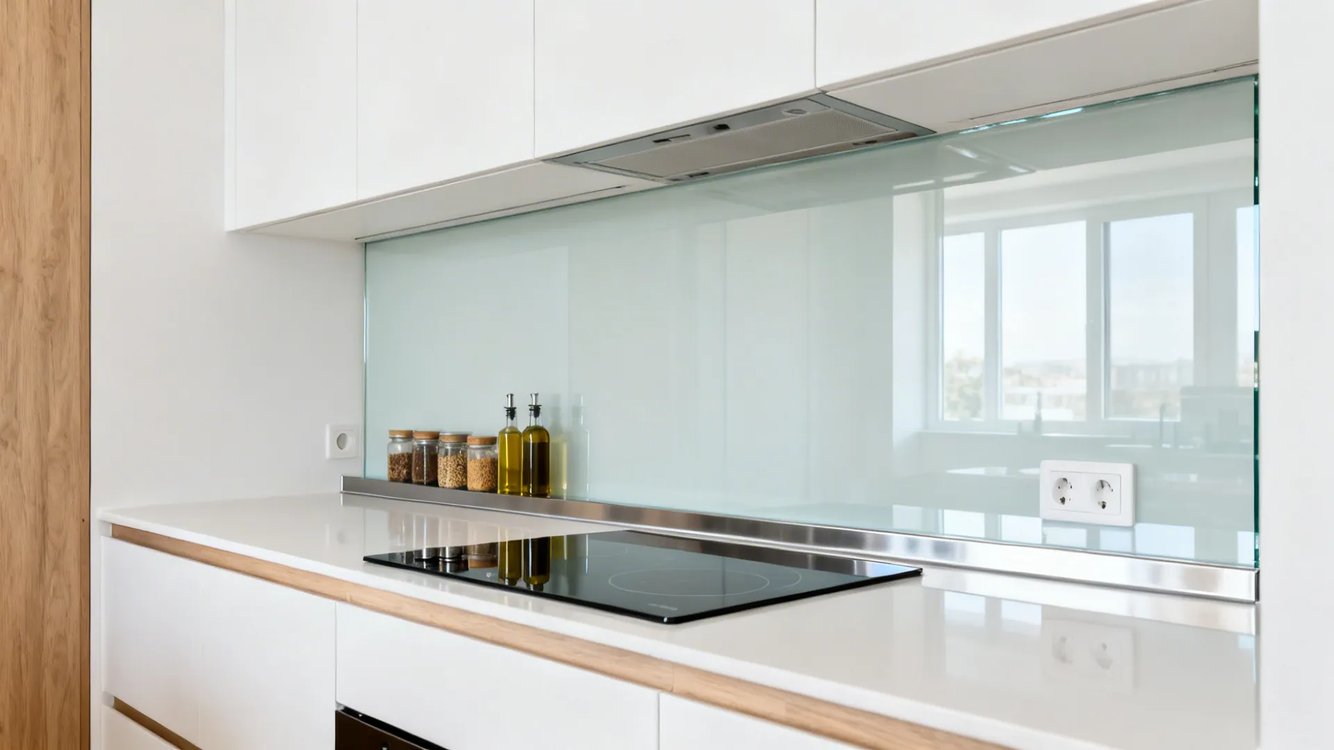 Low-iron tempered glass backsplash with a slim concealed ledge for spices in a small kitchen.