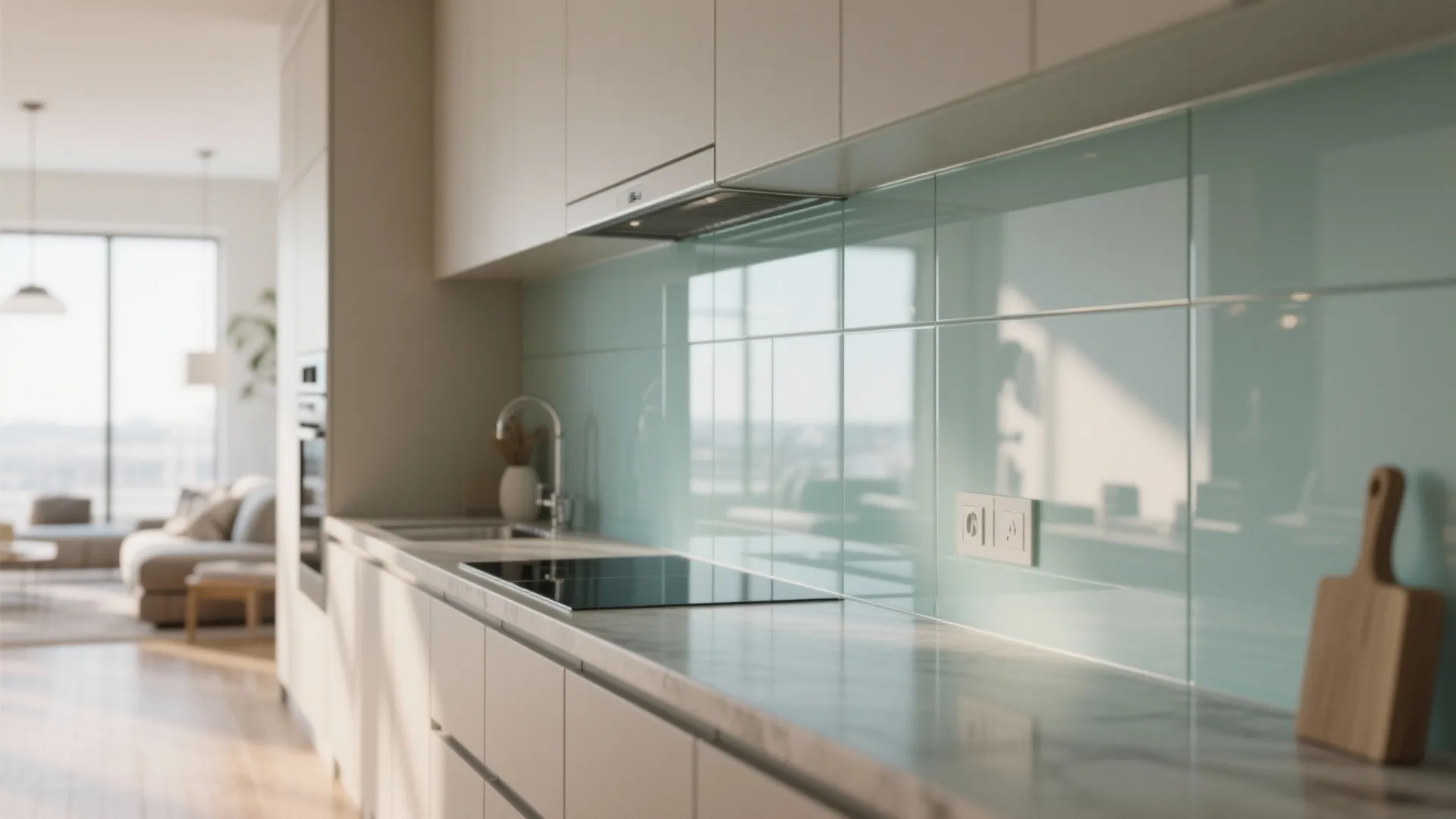 Glass backsplash in kitchen reflecting light into living room