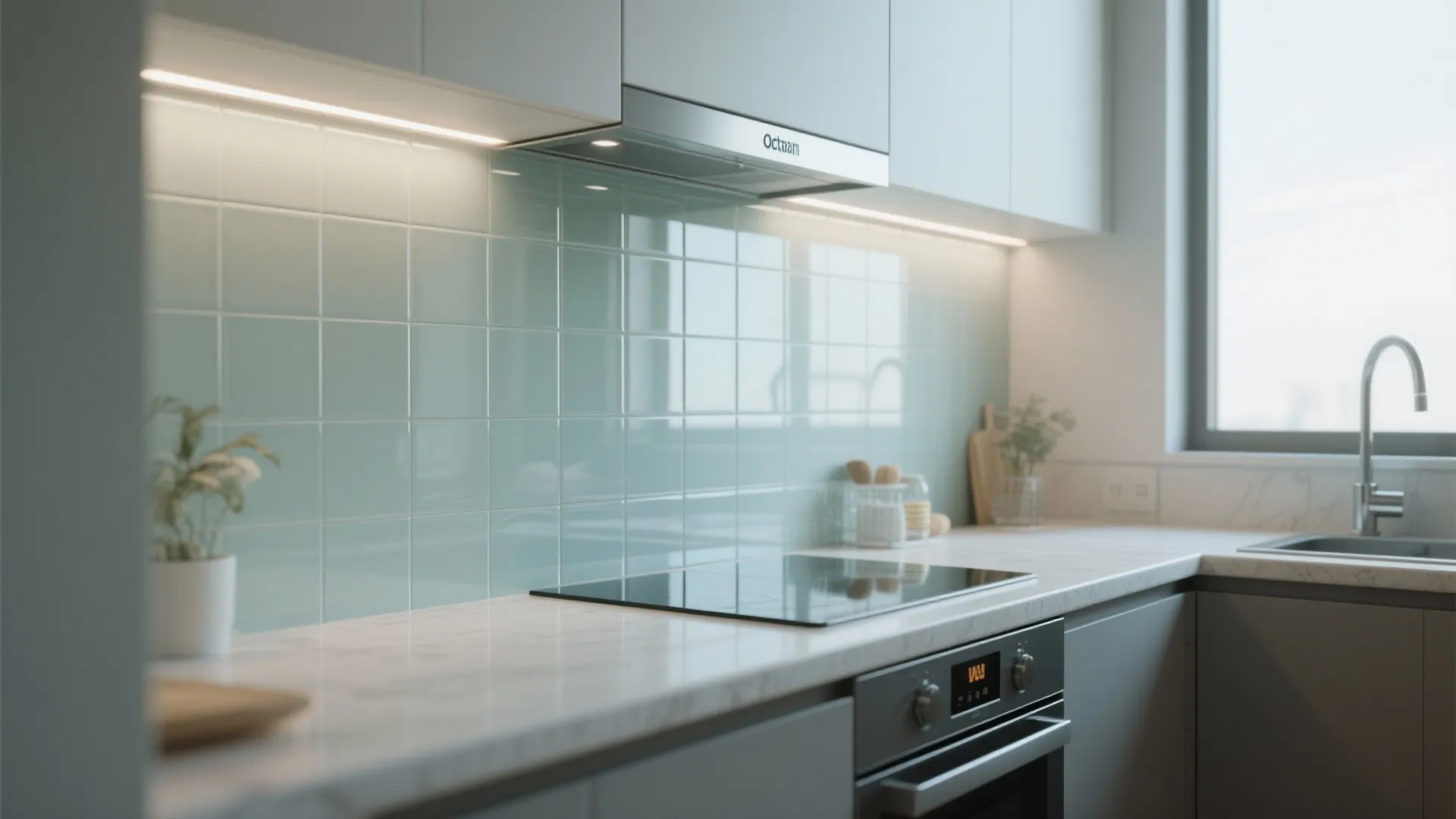 Modern kitchen with blue wall tiles marble countertop black stove and light under white cabinets