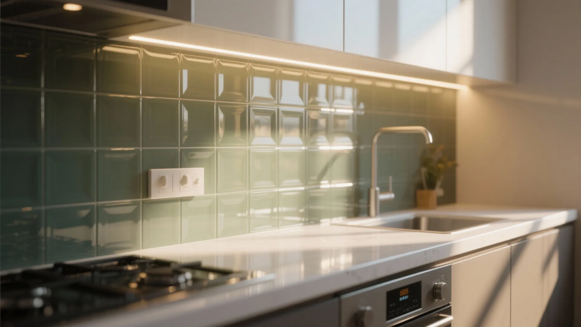 Close up of green wall tiles under cabinet light fixture marble countertop and silver kitchen sink