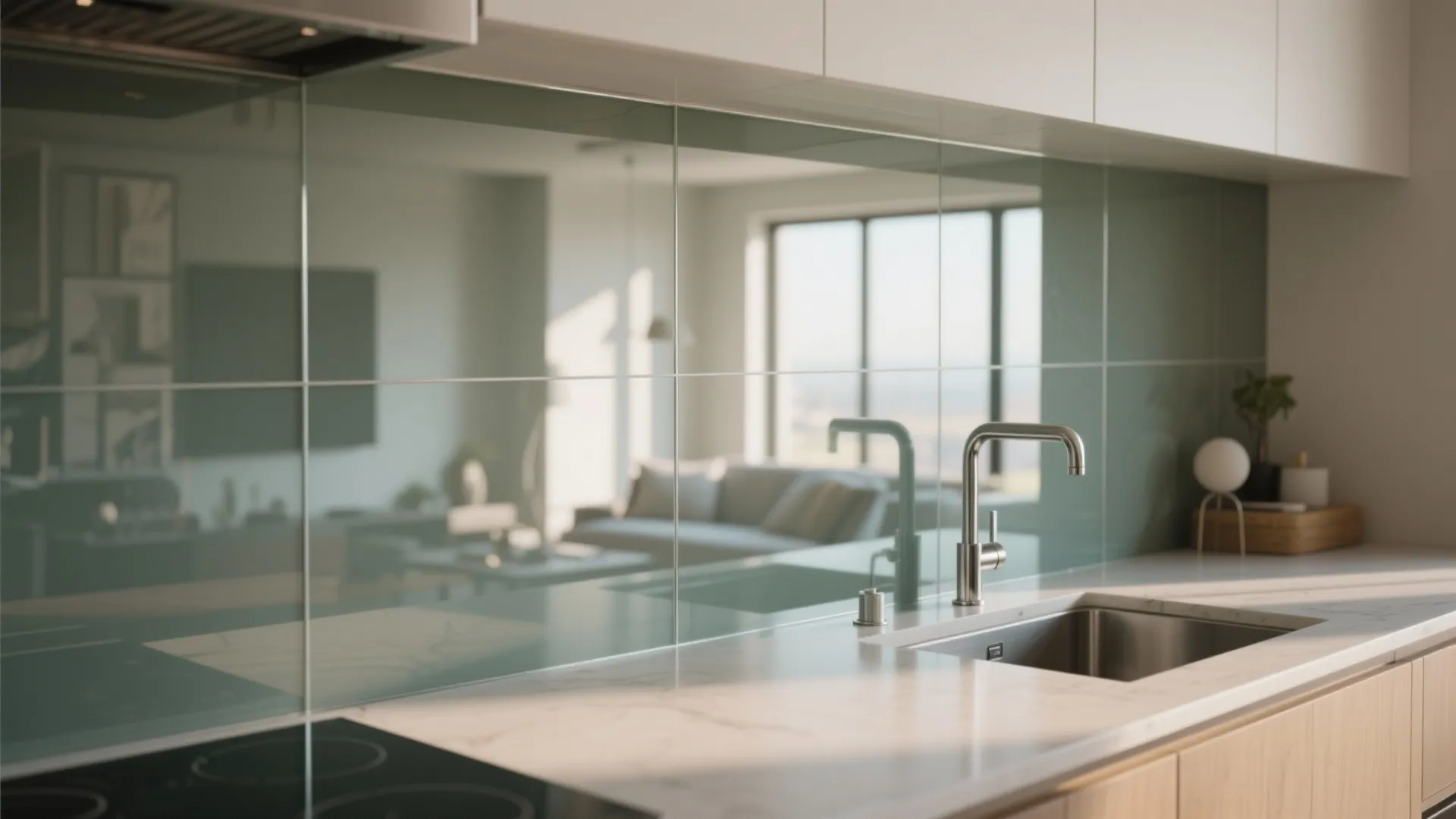 Close-up of a low-iron glass backsplash reflecting light