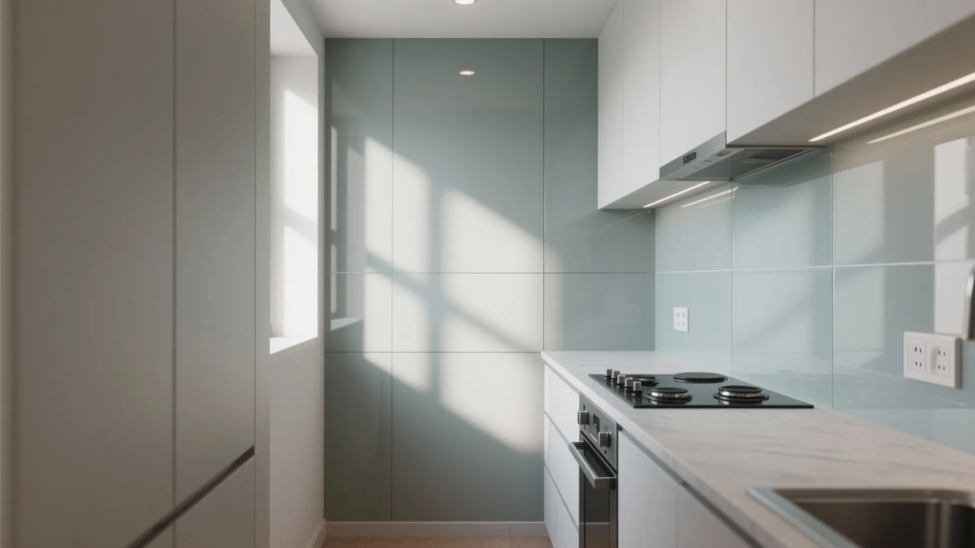 Contemporary small kitchen with light blue glass wall panels white cabinets stove and natural window light