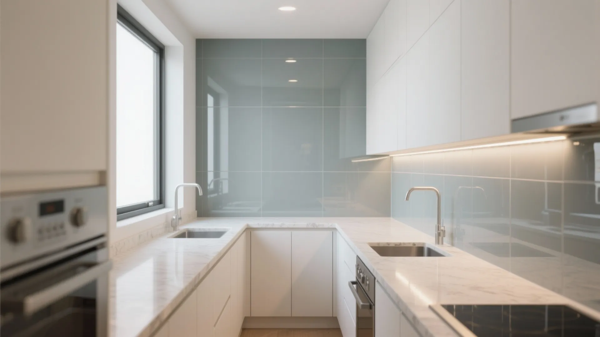 Glass backsplash for light and depth