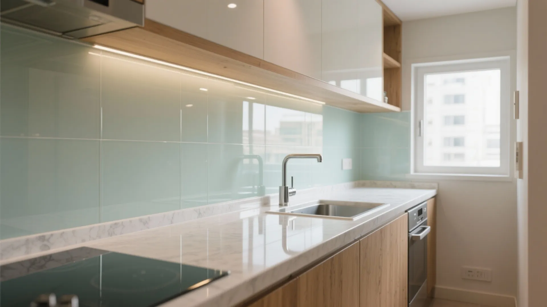 Light-reflective finishes with a glass backsplash