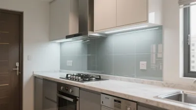Modern Modular Kitchen with Gray Glass Backsplash
