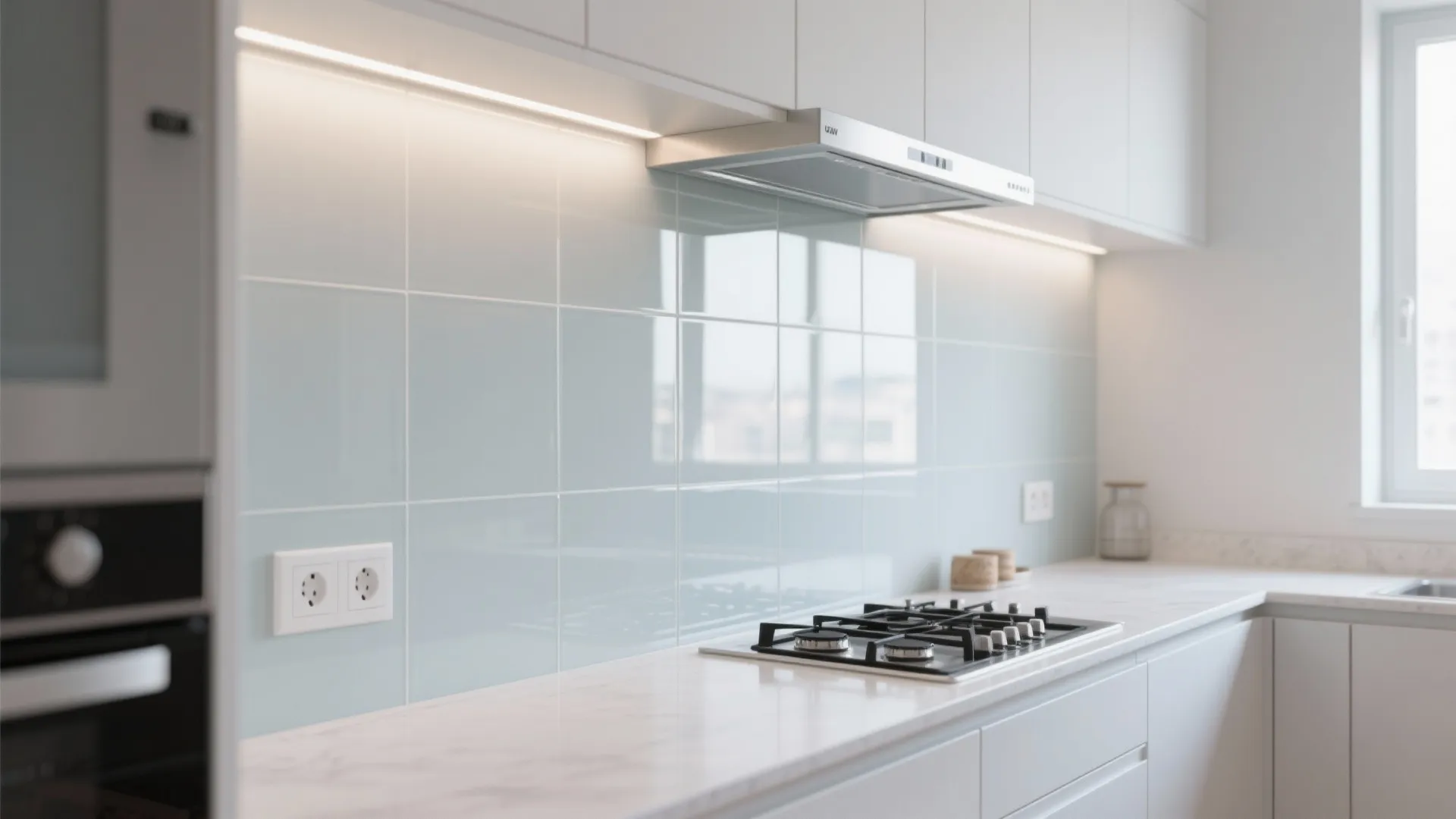 Glass Backsplash to Bounce Light and Open Sightlines