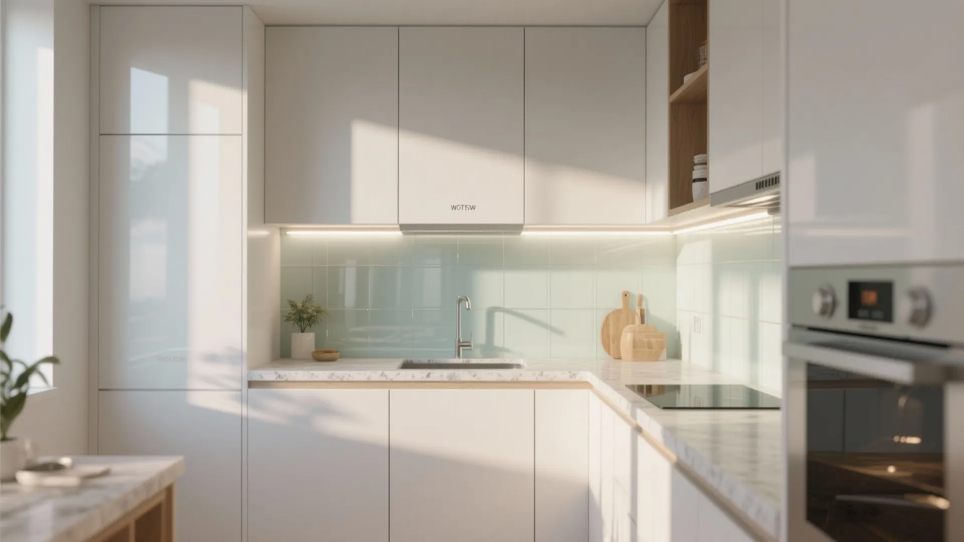 Glass backsplash for light and depth