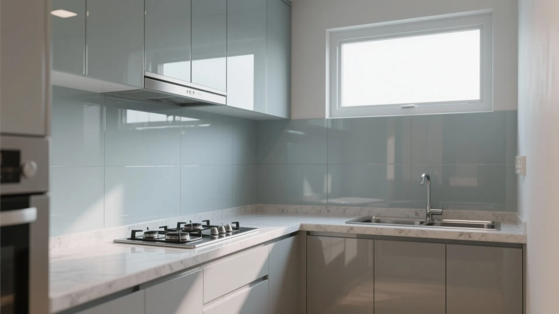 Glass backsplash for borrowed light and easy clean-ups