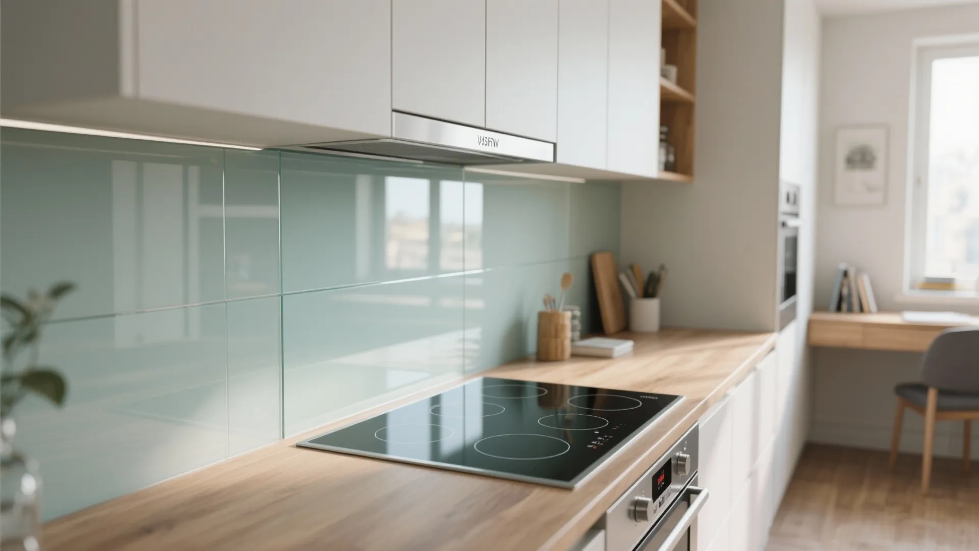Modern kitchen with glass wall panels wooden countertop black electric stove white cabinets and natural light