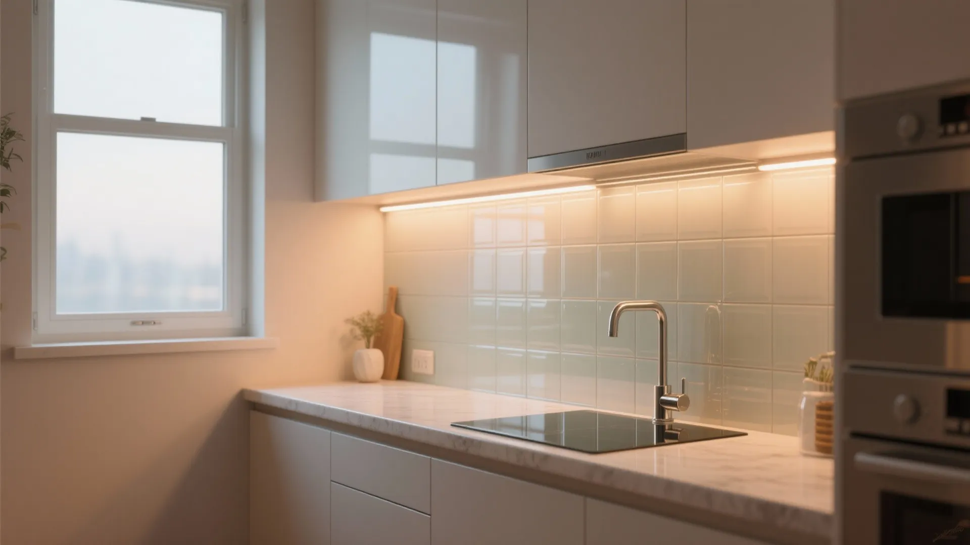 Clean kitchen with white cabinets light green tiled wall marble countertop sink and bright window view
