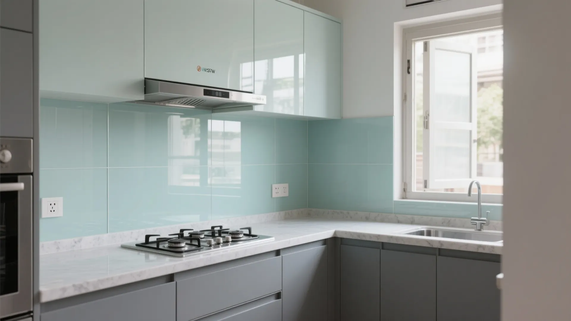 Modern kitchen with mint green wall panels marble countertop grey cabinets gas stove and stainless sink