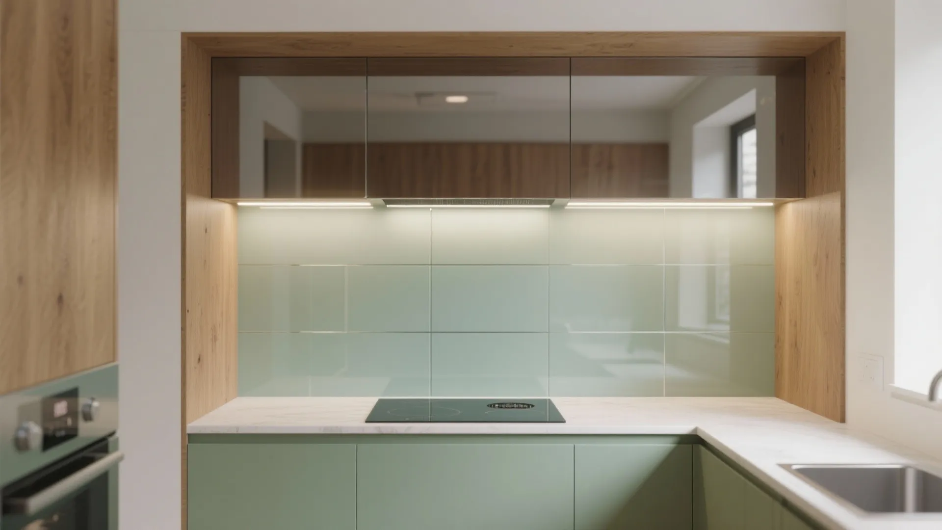 Glass backsplash with concealed wall lights for depth