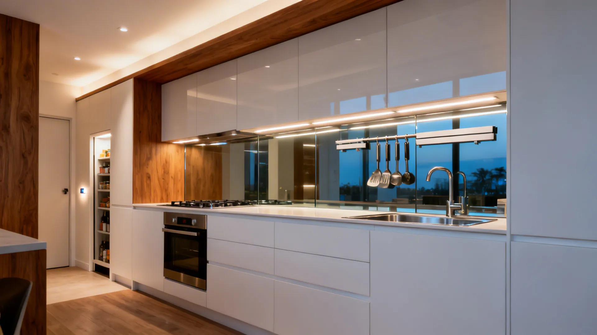 Glass backsplash and light layering