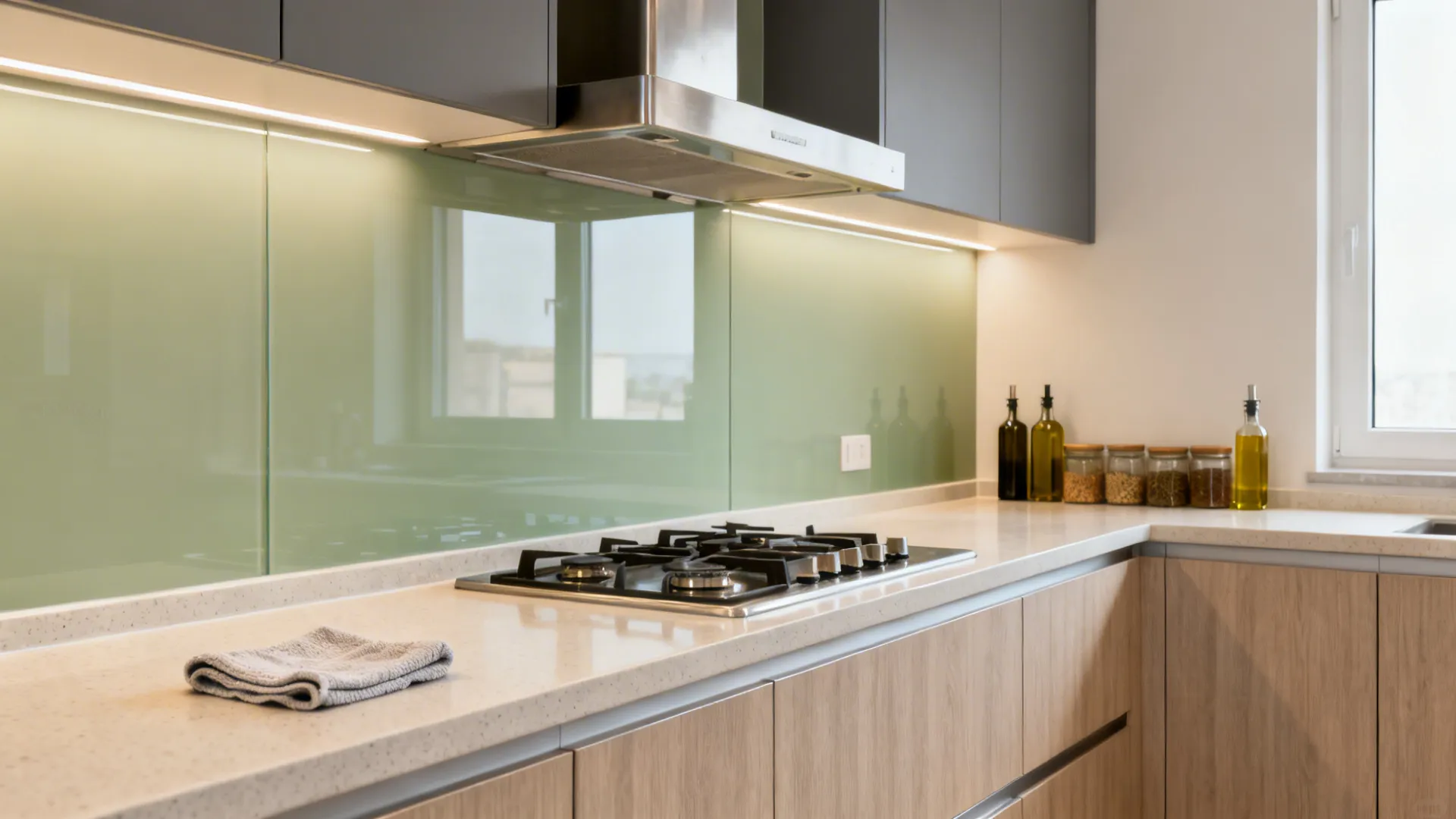 Compact kitchen with reflective back-painted glass backsplash and light quartz countertop.