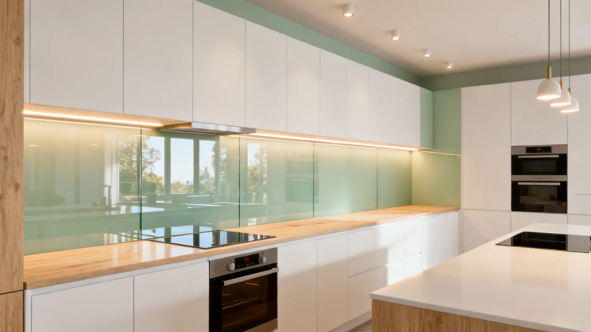 Low-iron glass backsplash reflecting warm layered LED lighting in a bright matte kitchen.