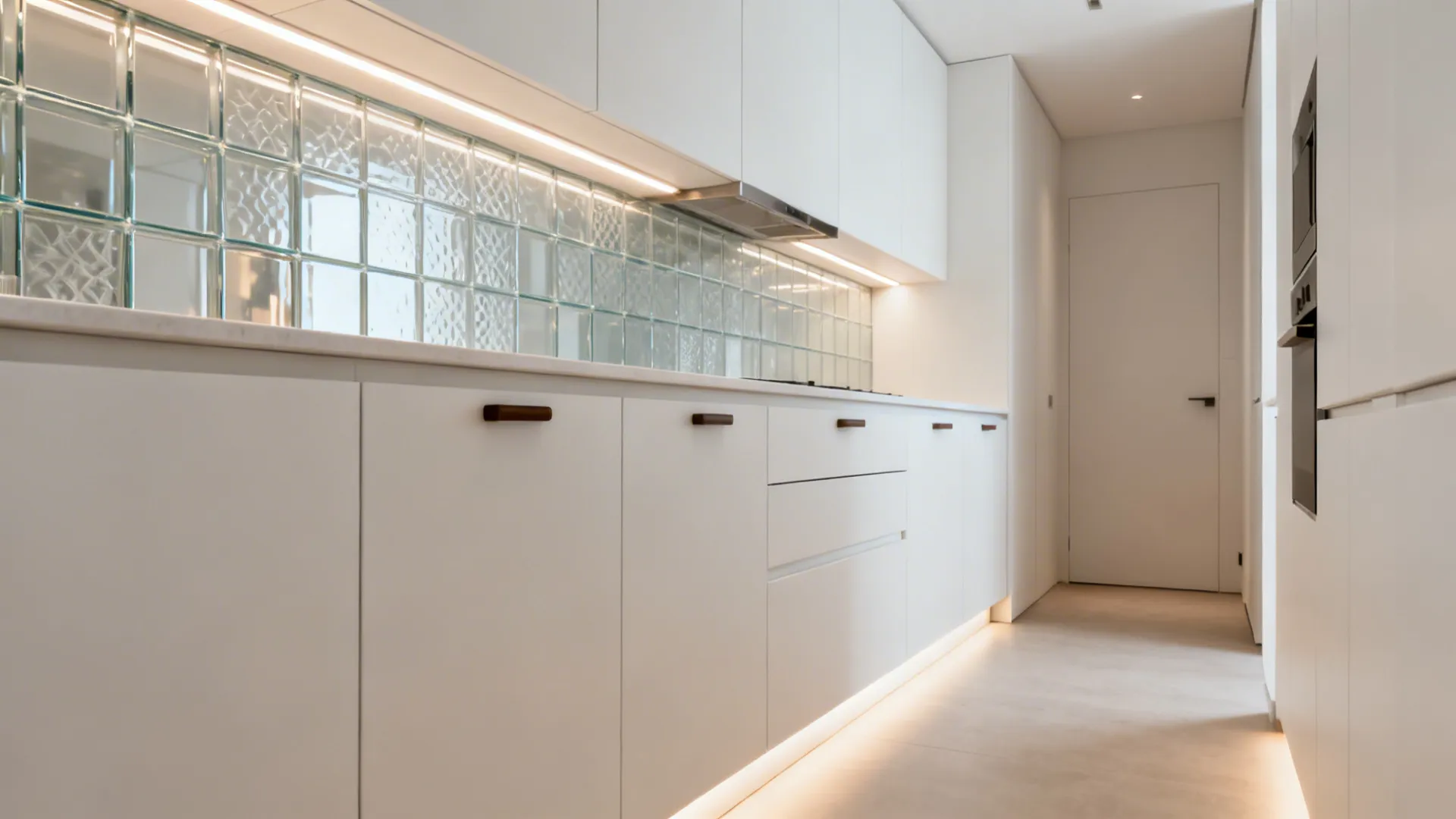 Small kitchen with matte glass backsplash and under-cabinet LEDs brightening the work area.