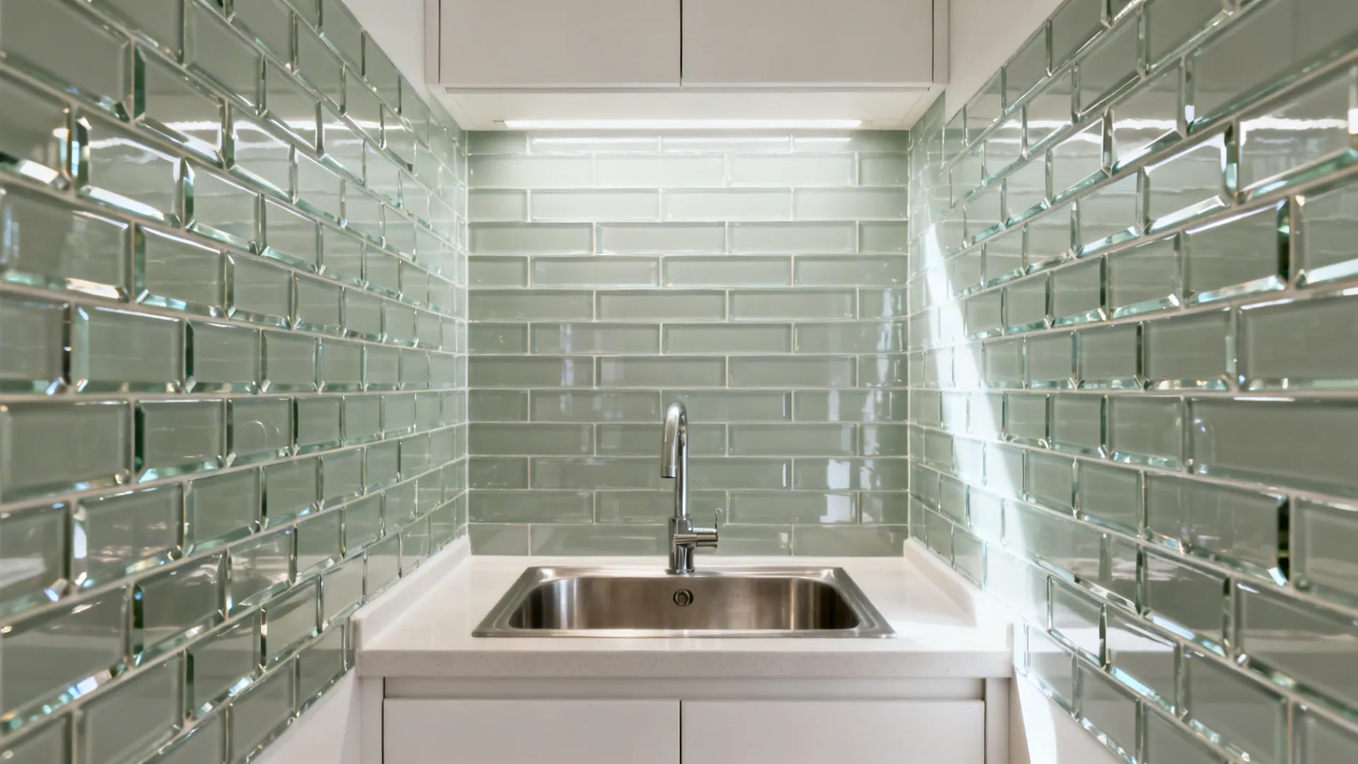 Glossy 3x12 glass tile backsplash brightening a narrow galley kitchen.