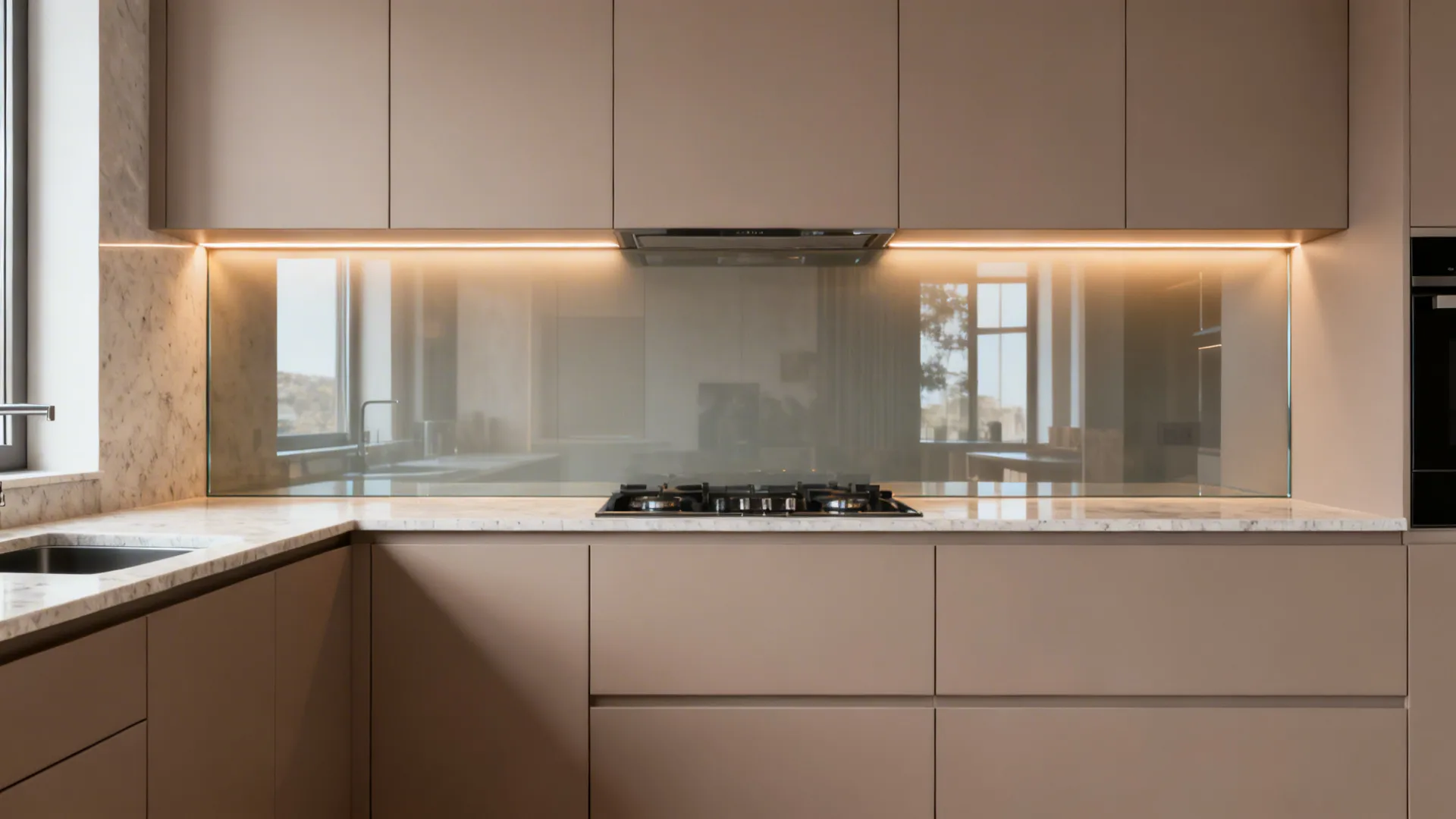 Modern beige kitchen with marble countertop reflective glass wall panel and warm light under cabinets