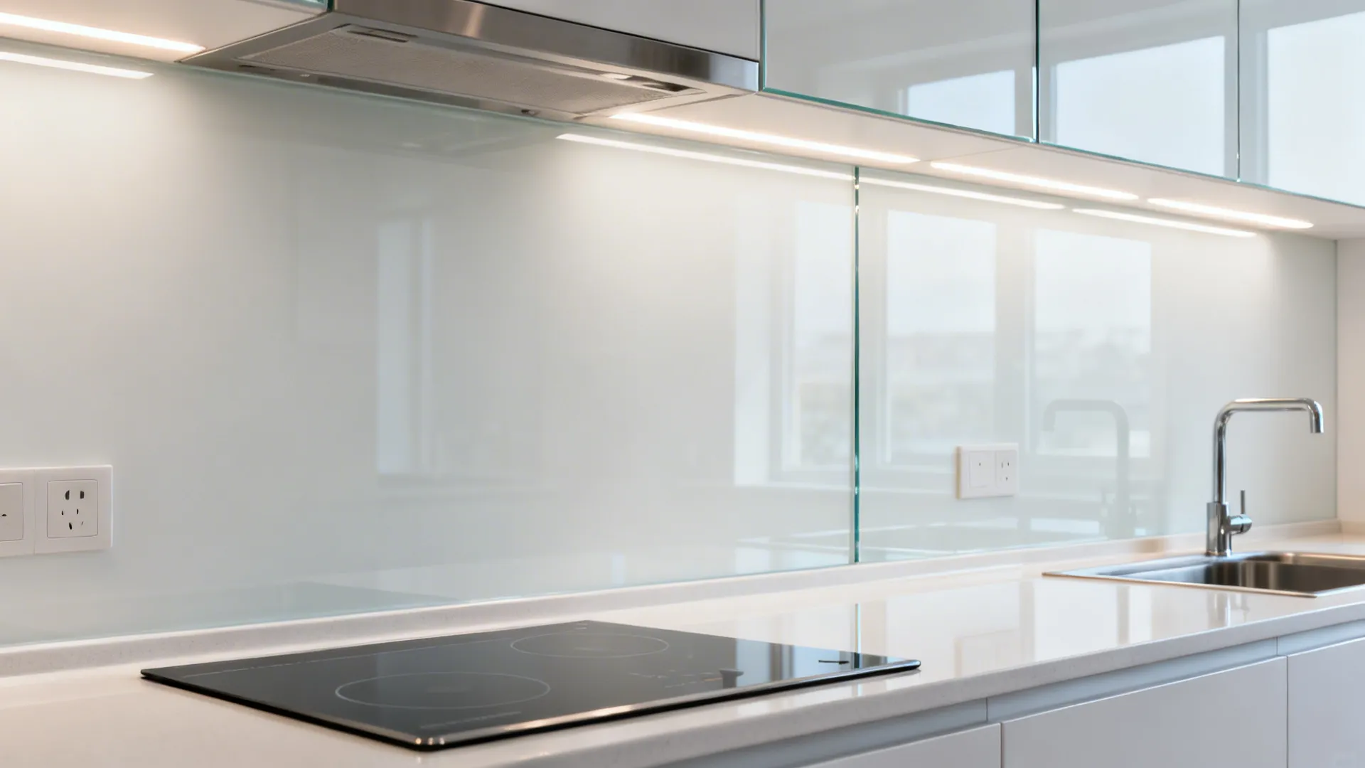 Modern kitchen with glass wall panels and bright under cabinet light fixture over stove and sink