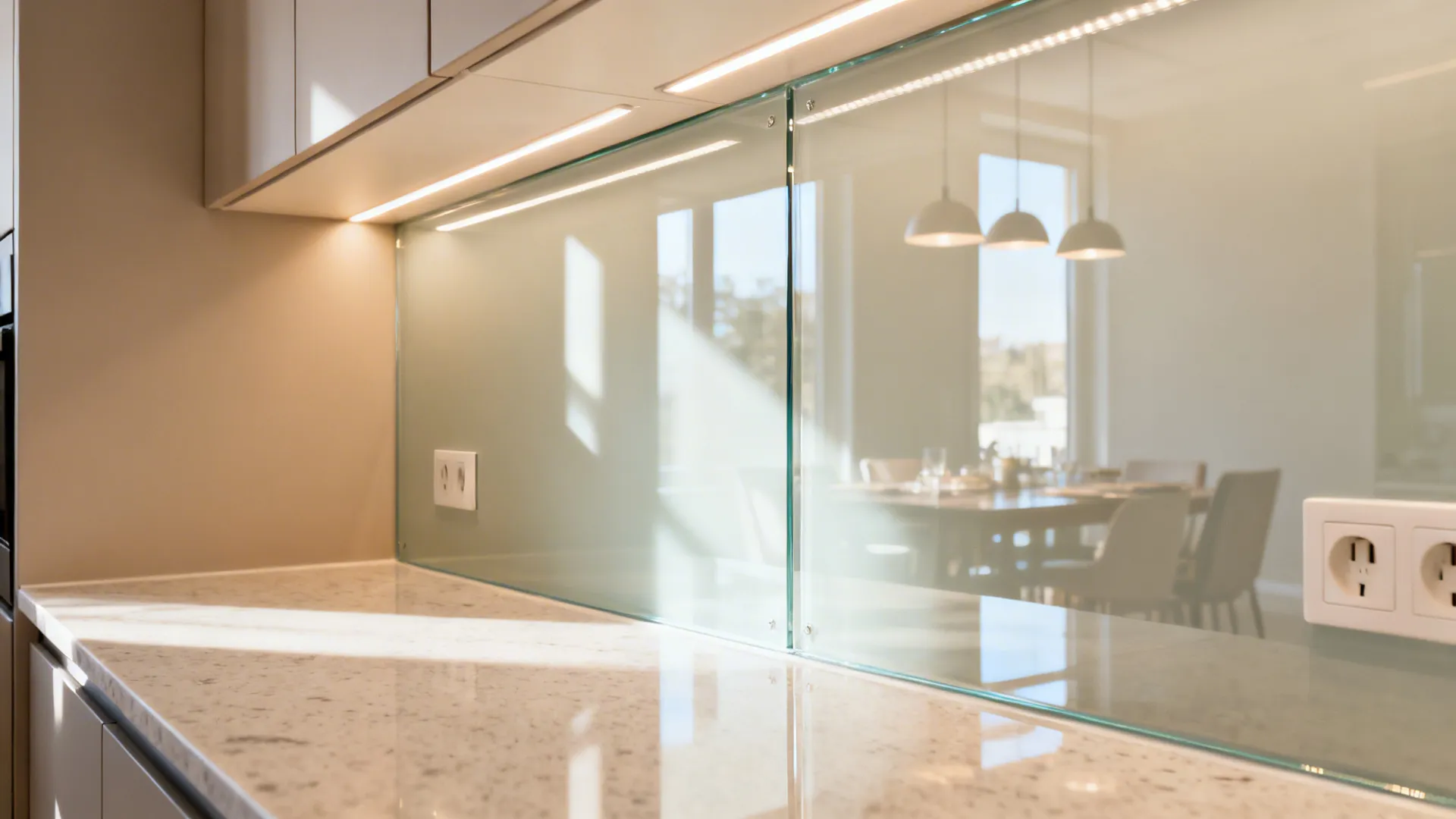 White stone kitchen countertop with glass wall panel, under cabinet lighting, and reflected dining room