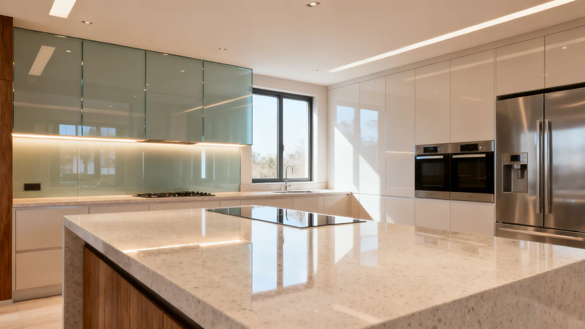 Small kitchen with light quartz counters and back-painted glass backsplash reflecting daylight.