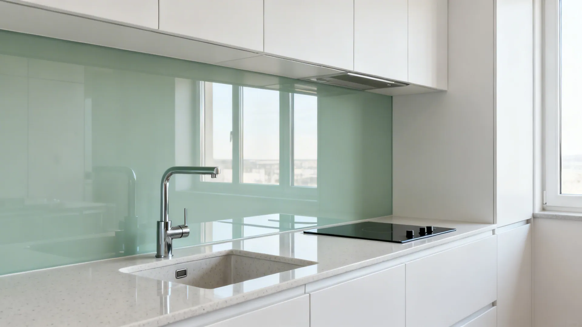 Small kitchen with pale sage back-painted glass backsplash reflecting soft daylight.