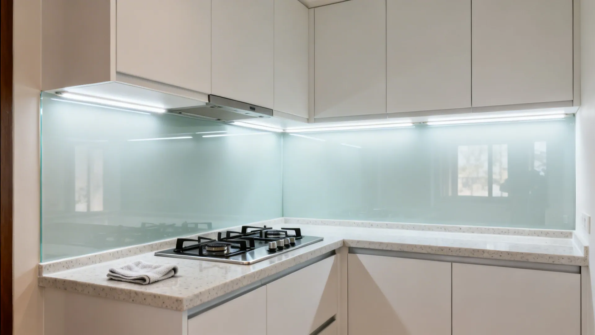 Small kitchen brightened by a pale back-painted glass backsplash and LED task lights.