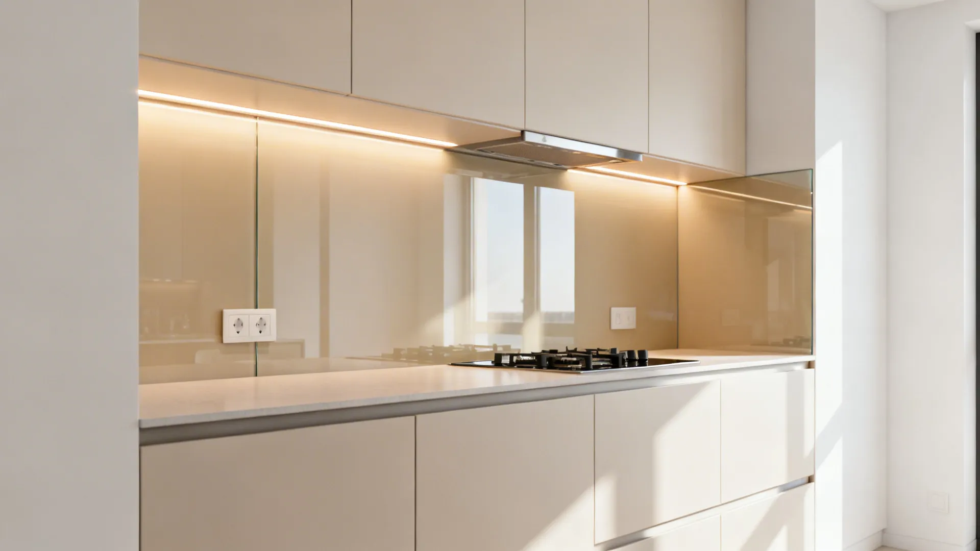 Small kitchen with low-iron glass backsplash reflecting warm LED light for added depth.