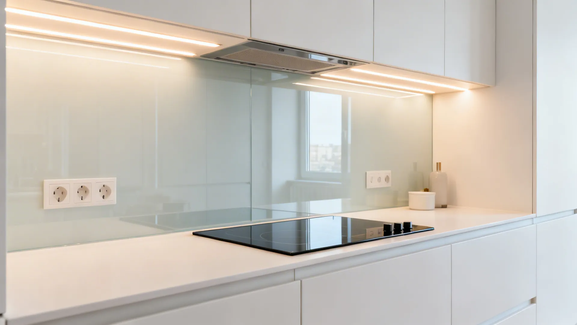 Low-iron glass backsplash reflecting under-cabinet LEDs in a compact kitchen.