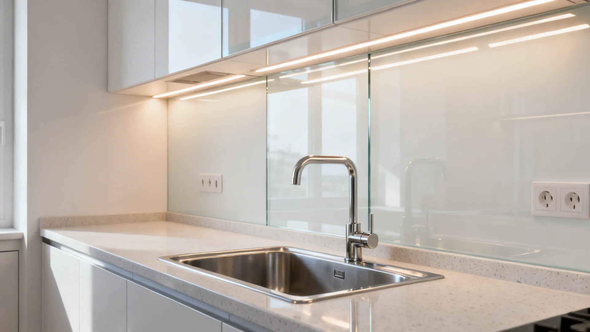 Modern kitchen sink with metal faucet against glass wall under white cabinets with warm light