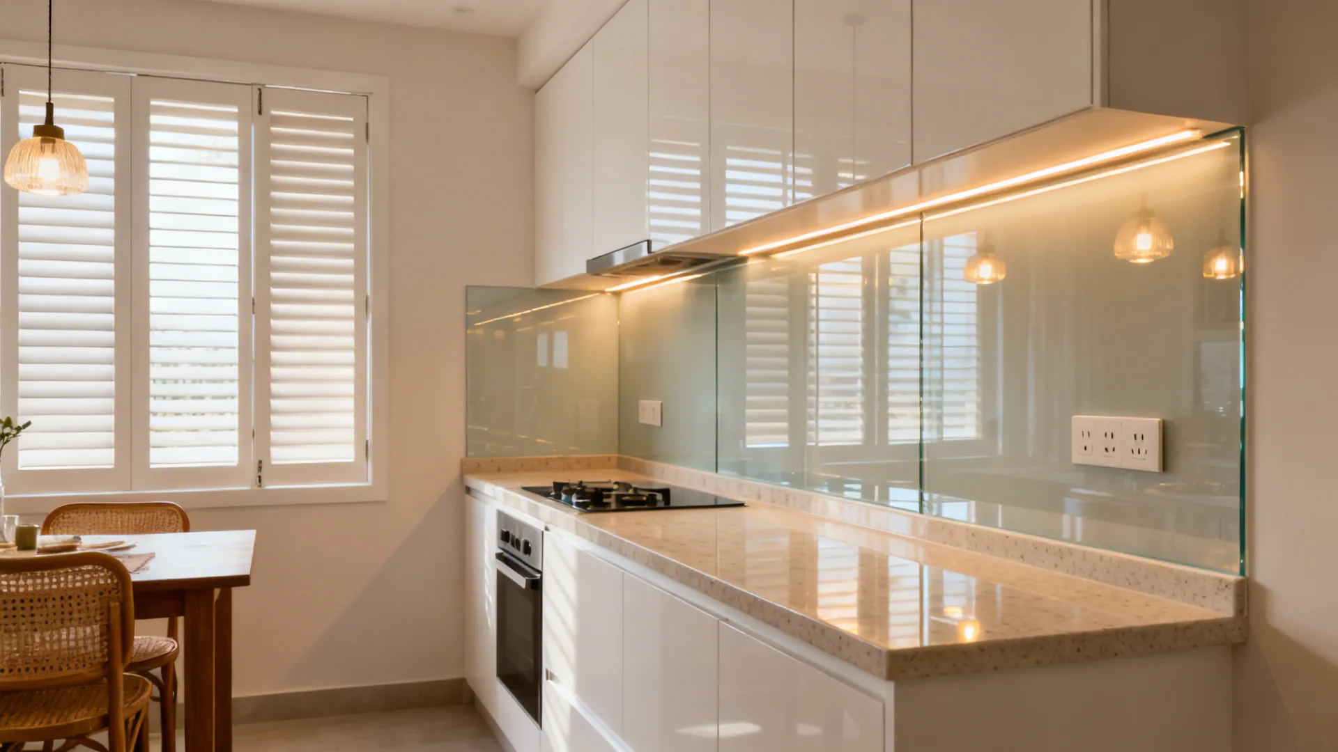 Low-iron glass backsplash with satin-finish shutters reflecting warm under-cabinet lighting.