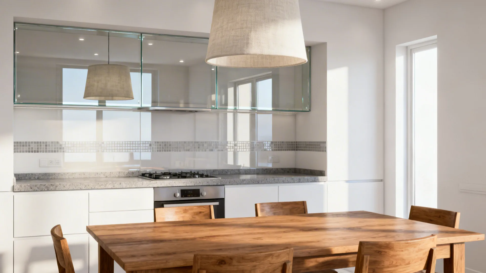 2) Glass backsplash and reflective surfaces to carry light