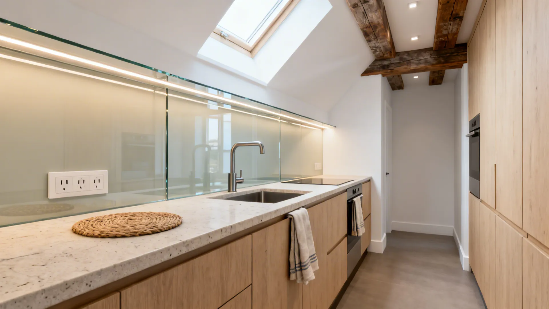 Small galley kitchen with low-iron glass backsplash reflecting warm LED light for an airy feel.