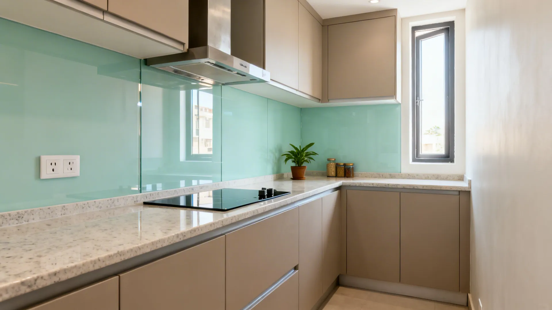 Slim galley kitchen with pale mint back-painted glass backsplash brightening the space.