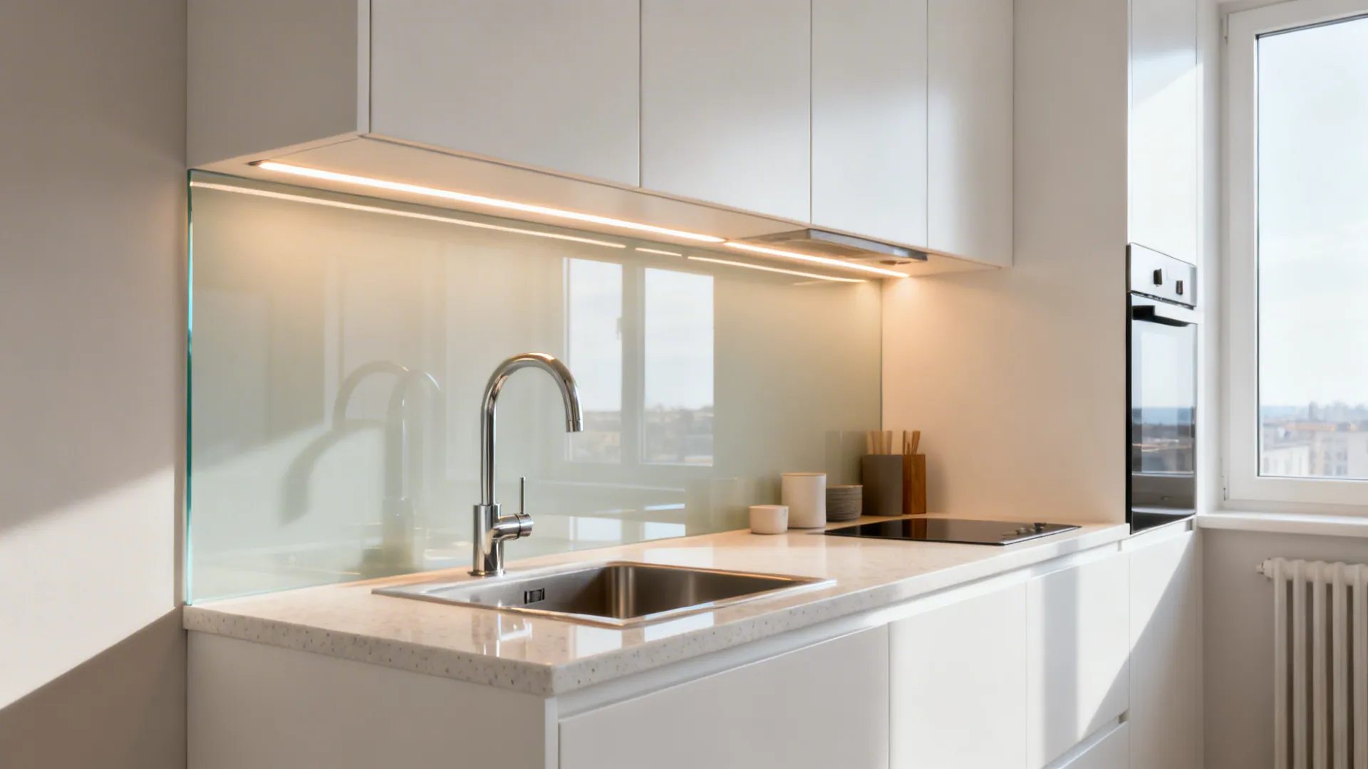 Low-iron glass backsplash reflects under-cabinet LEDs, brightening a compact kitchen.