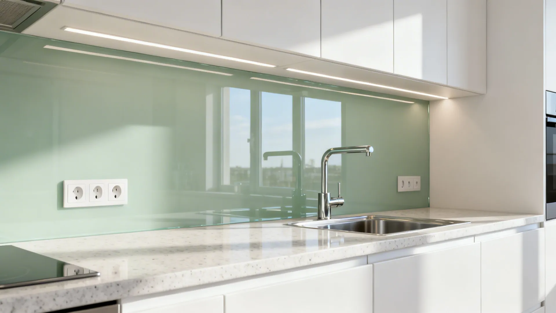 Small kitchen with pale sage low-iron glass backsplash reflecting task lighting.