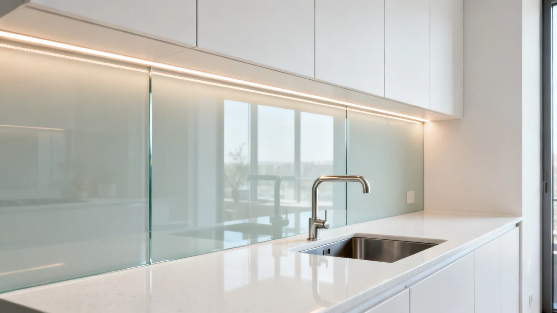 Low-iron glass backsplash reflecting soft daylight and warm under-cabinet LEDs.
