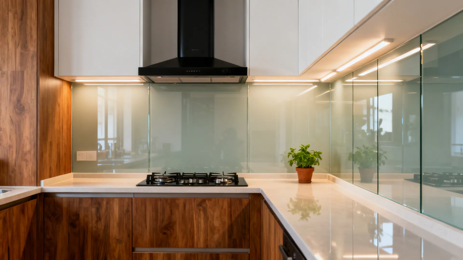 Back-painted glass backsplash with warm task lighting under a modern chimney.