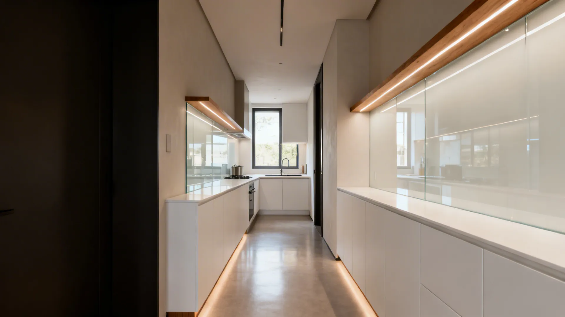 Modern narrow kitchen with white cabinets glass backsplash wood shelves and warm under cabinet lighting design