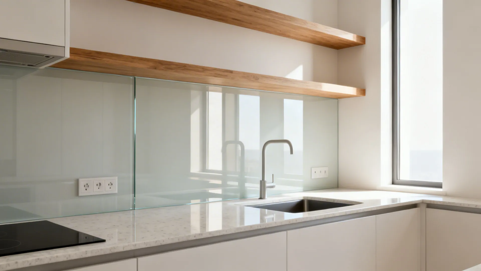 Seamless low-iron glass backsplash reflecting soft daylight above a quartz countertop.