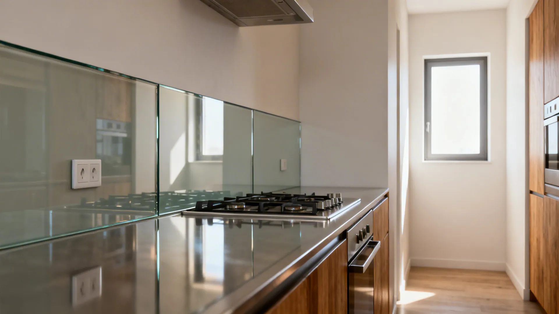 Low-iron glass backsplash reflecting daylight in a narrow galley kitchen with pale walls.